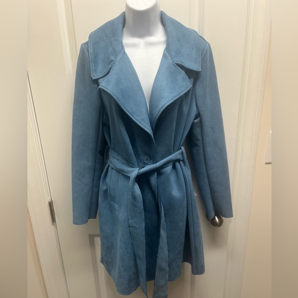 Elie Tahari Dusty Blue Faux Leather Belted Wrap Trench Coat Small NWT - Picture 2 of 12